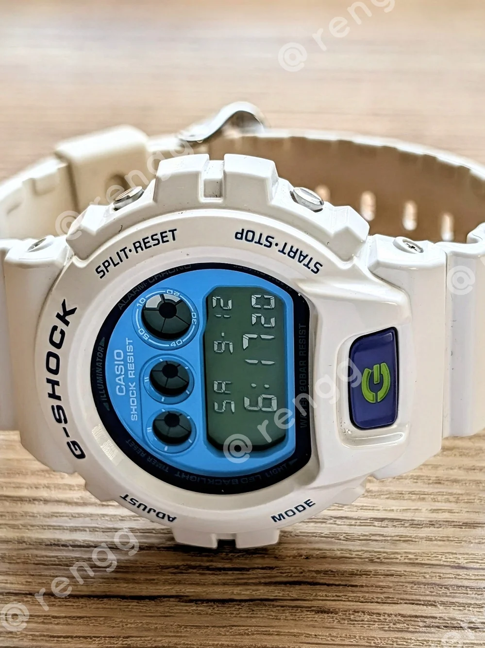 G-Shock White Resin Digital Watch with Blue Dial and Green Accents